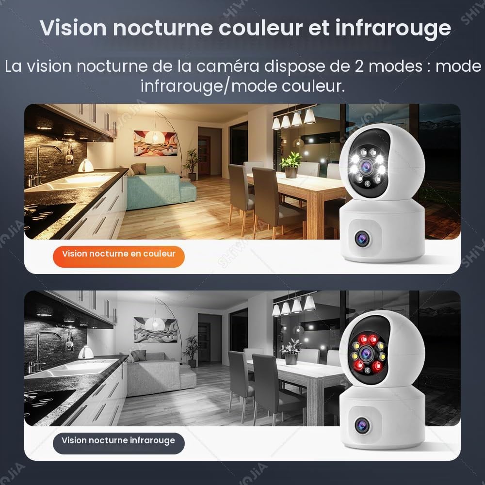 SHIWOJIA 2K 4MP Caméra Surveillance WiFi Intérieure, PTZ 360° Caméra avec Double Objectif, Vision Nocturne Intelligente, Détection de Personne et Suivi Auto, Audio Bidirectionnel