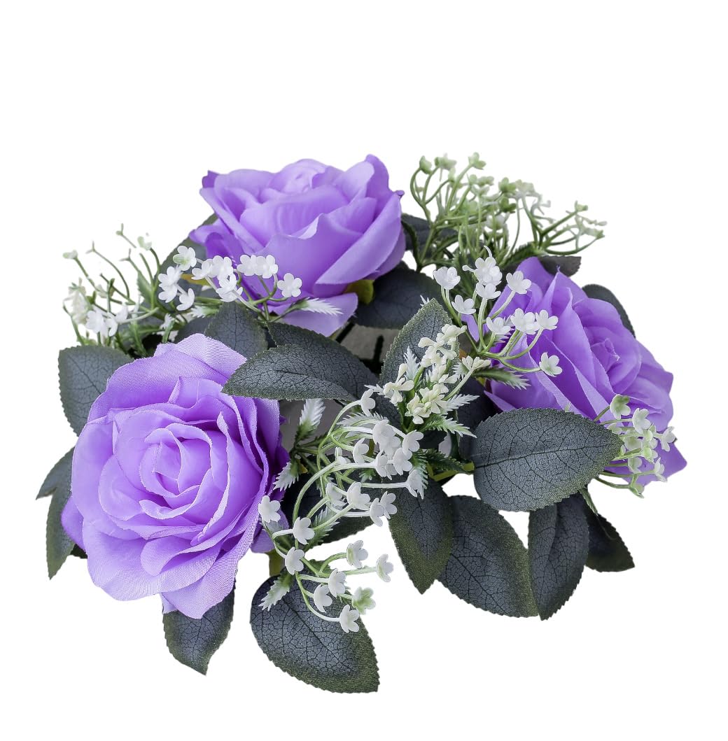 2 Pcs Artificial Rose Candle Rings,Floral Wreaths with Eucalyptus Leaves Greenery Garland for Pillar Candle Lantern Wedding Centerpiece Party Home Table Decor (Purple)