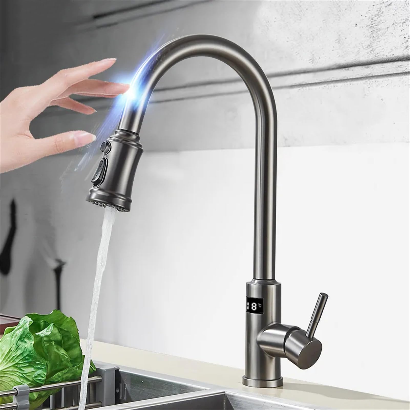 MXXQRHF Touchless Kitchen Faucet with Pull Down Sprayer, Digital Display Single Handle Brass Sink Faucets with 3 Function Pull Out Sprayer Head, Sensor Smart Hands-Free Mixer Taps (Gray)