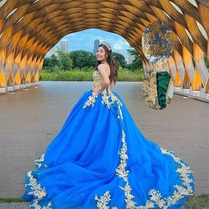 XYAYE Women's Sparkly Tulle Quinceanera Dresses Ball Gown 3D Flowers Strapless Dresses Gold Lace Sweet 15 16 Dress XY0942