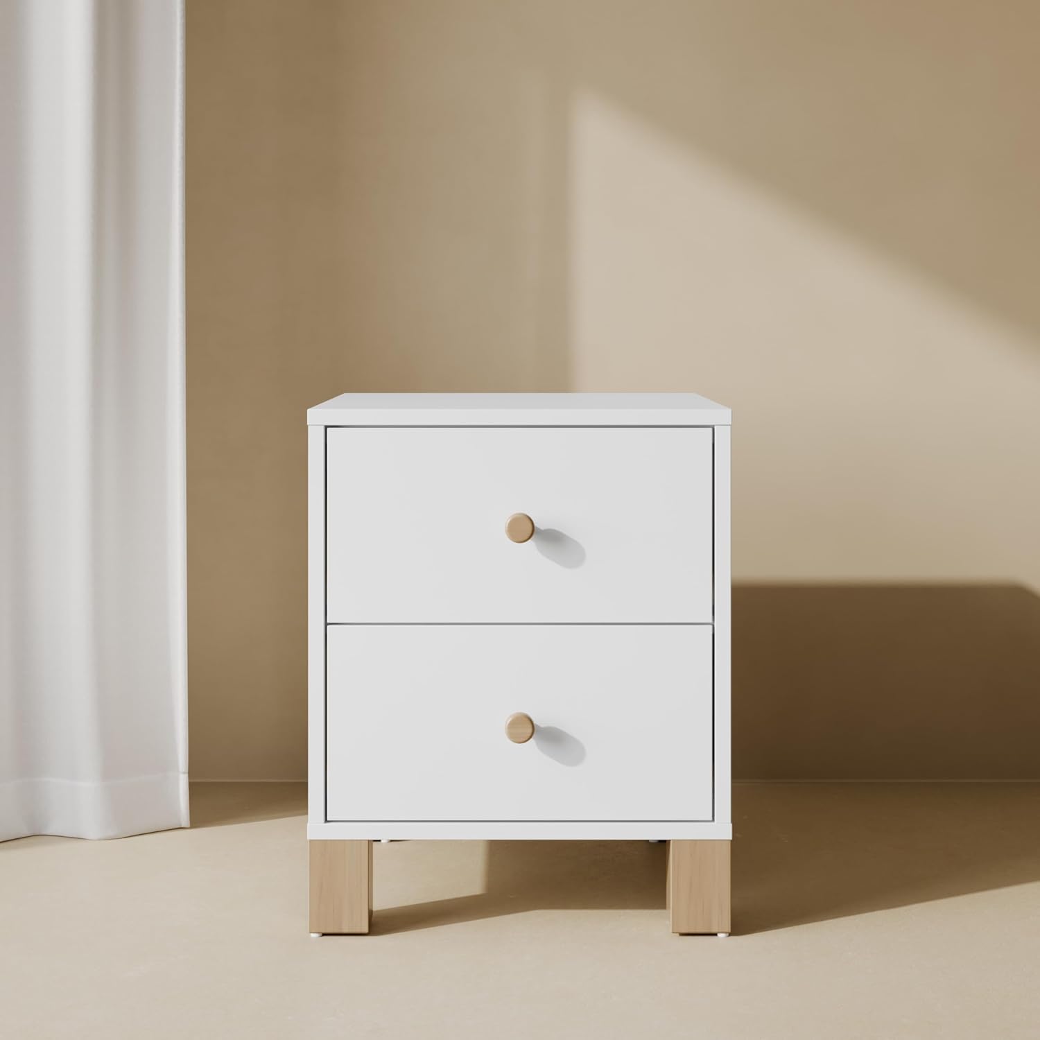 Storkcraft California 2 Drawer Nightstand (White with Driftwood) - GREENGUARD Gold Certified Nightstand for Kids Bedroom, Premium Wood Storage with Elegant, Iconic Block Feet
