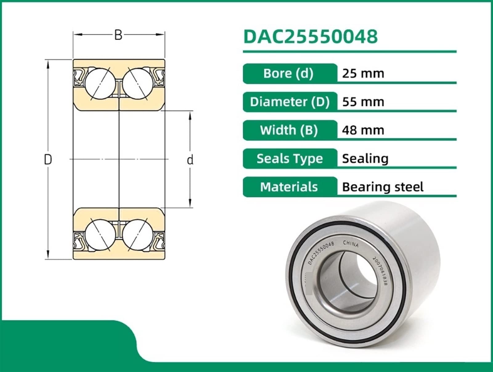 DAC25550048 25X55X48 Cojinete de rueda Cojinetes de cubo Cojinetes de bolas de contacto angular Doble fila 1 piezas