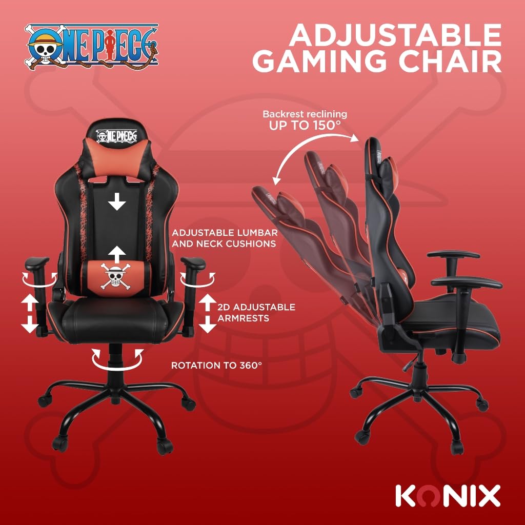 Konix Sedia da ufficio da gioco One Piece - Inclinazione del sedile di 150° - Pelle PU liscia - Nero e rosso