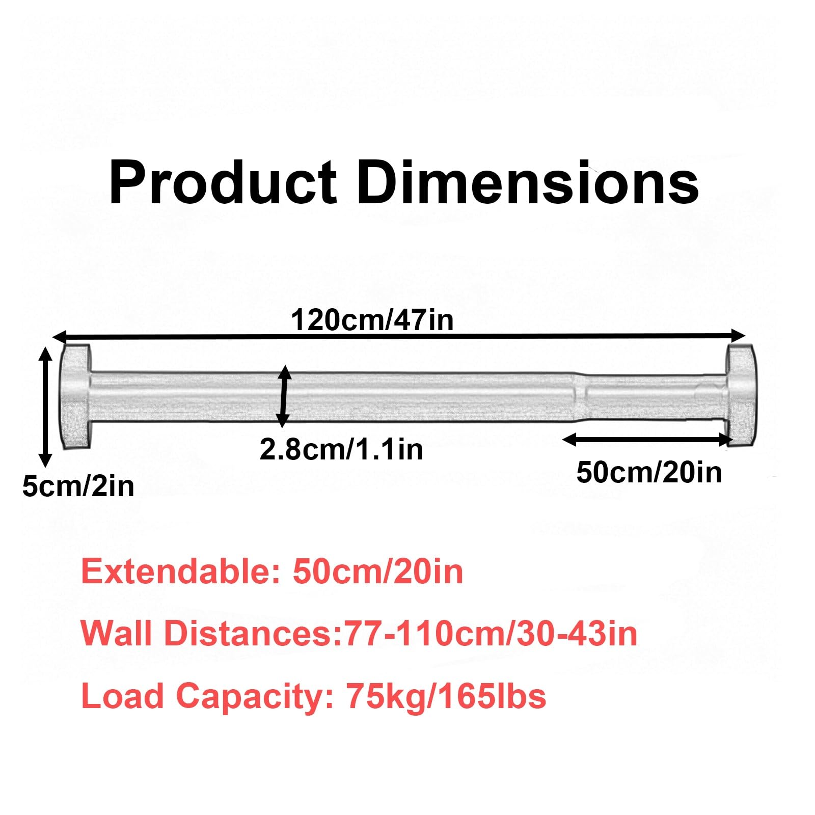 Duschvorhangstange aus Aluminiumlegierung, Rutschfeste Teleskopstange, Ohne Bohren Montierbar Verstellbare Federstange für Fenster Schränke(Black,70-120cm/27-47in)