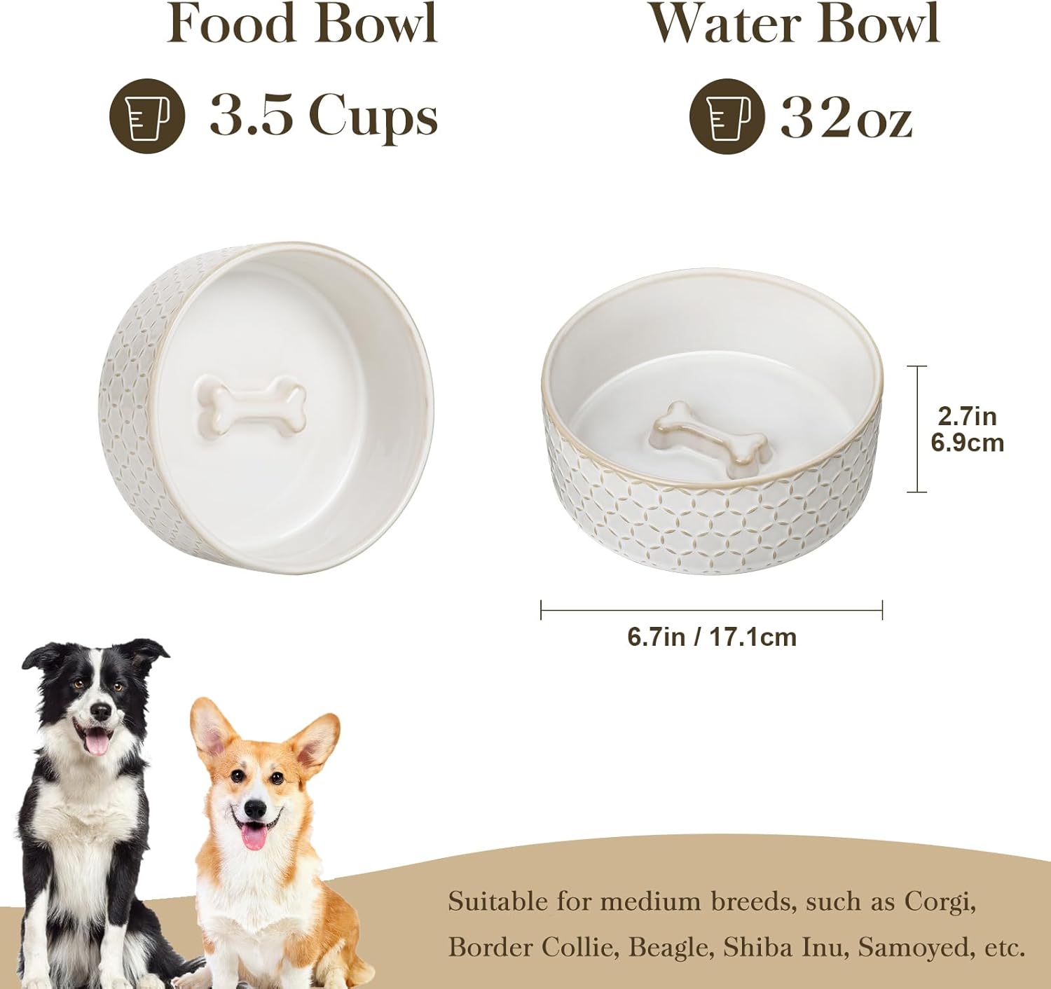 MALACASA Ceramic Dog Food Bowl, 3.5 Cups or 32oz Dog Food Water Dish for Mudium Breeds, Pet Bowl Dishwasher & Microwave Safe, Honeycomb, Series Lydia