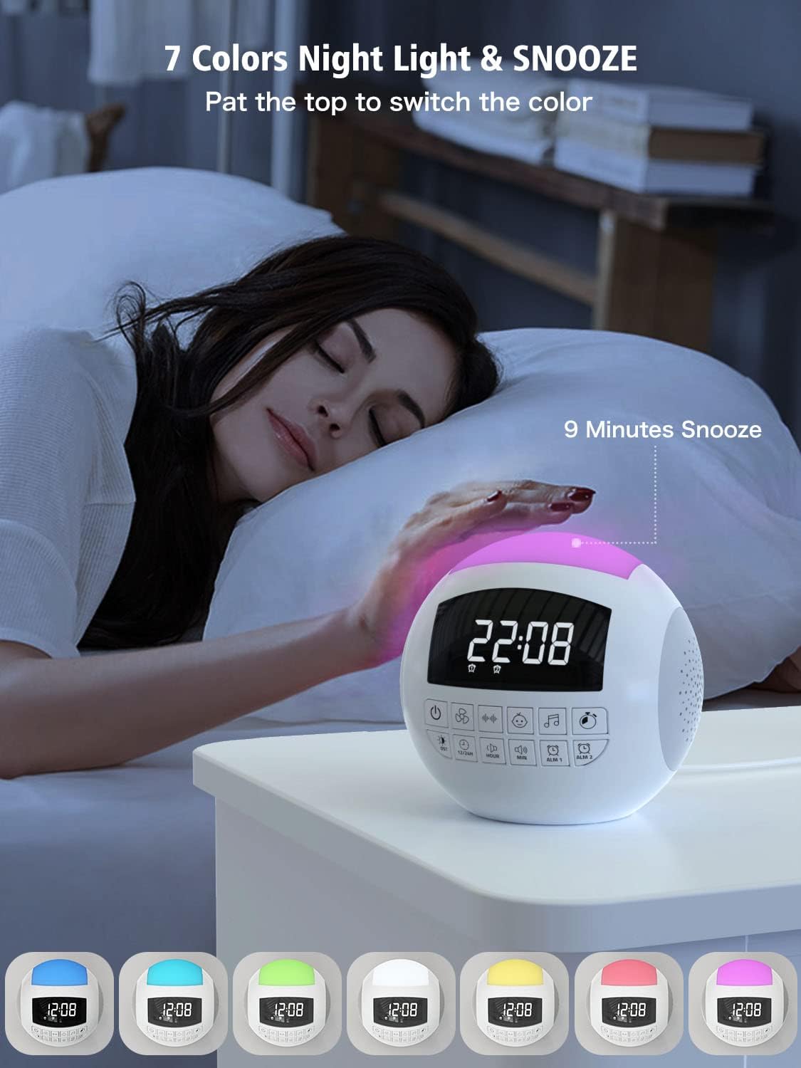 Woman sleeping with the PPLEE Sound Noise Machine showing 7 colored night light options.