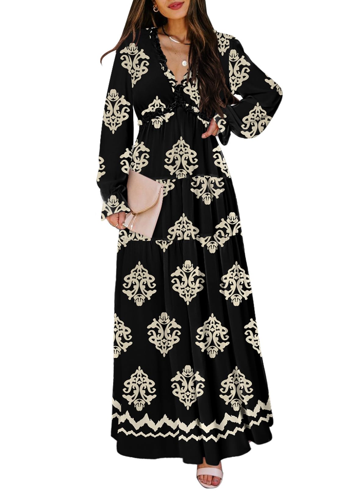 BLENCOT Womens Casual Boho Floral Printed V Neck Long Sleeve Long Maxi Dress Spring Summer Dresses