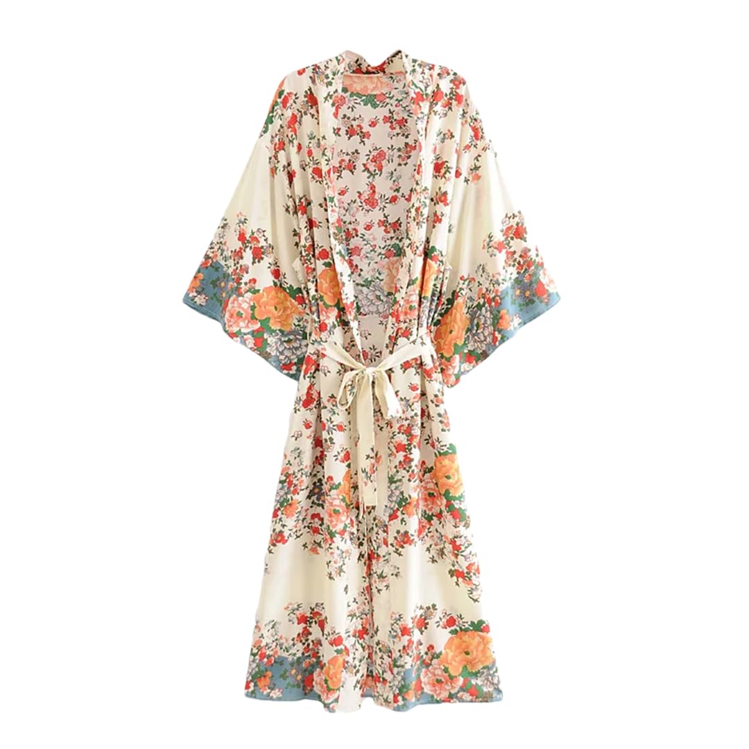 Disimlarl Fajas con estampado floral para mujer, estilo bohemio, con cuello en V, mangas murciélago, maxi bata