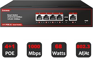 ienRon 5 Ports PoE Switch, 4 Ports Gigabit PoE Switch with 1 Uplink Gigabit Port, Plug and Play with AI Detection VLAN Mode Unmanaged Ethernet Splitter Network Switch in Metal Case, Red / Black