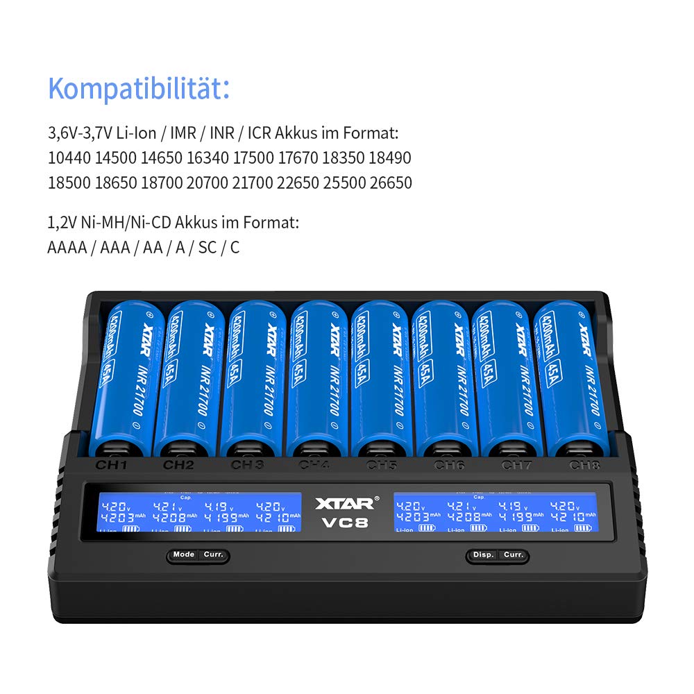 XTAR VC8 Ladegerät 8 Einschübe LCD-Anzeige für 3,6V/3,7V Li-Ion 18650 21700 AA NI-MH Batteriekapazität Testfunktion