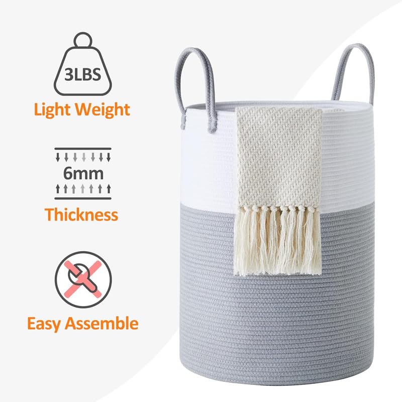 Image of SHAGCRAFT Storage Rope Laundry Hamper Basket for Clothes, Towels and Blankets in Livingroom, Bedroom, Laundry Room and Basket for Nursery Storage (Size - 15 inch x 15 inch x 18 inch) (Grey White)