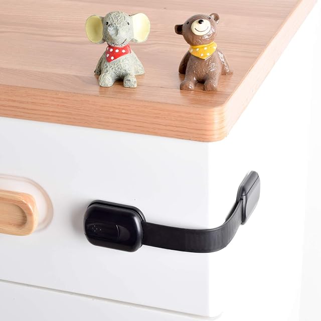 TUSUNNY Child Safety Cupboard Locks for Children, 6-Pack Adjustable Child Locks for Kitchen Cupboards, No Tools or Drill Baby Safety Cupboard Locks with Strong 3M Adhesive, Baby Drawer Lock (Black)