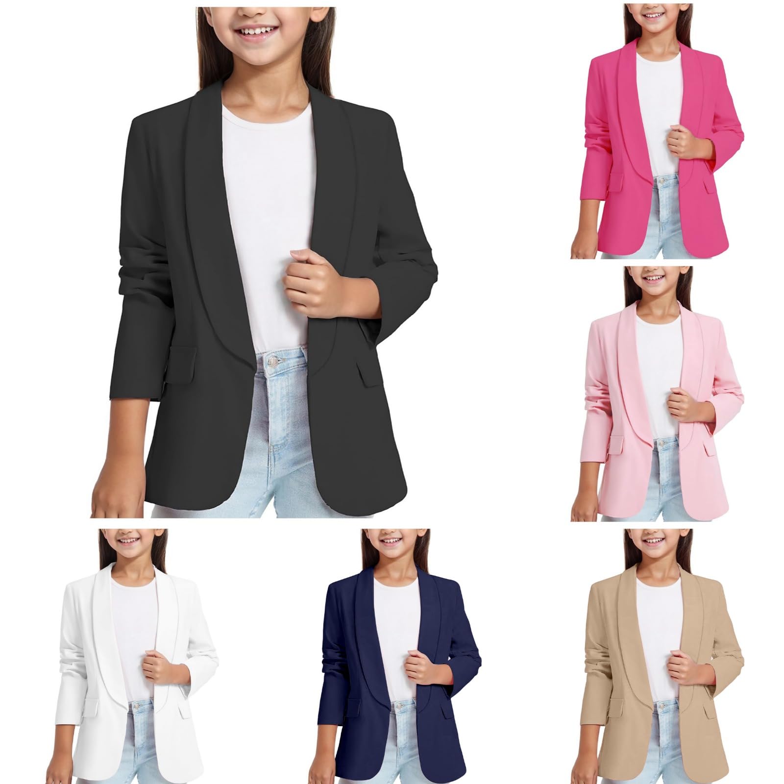 Blazer para niñas chaqueta de solapa color sólido frente abierto manga larga con botones casual fiesta negro escolar