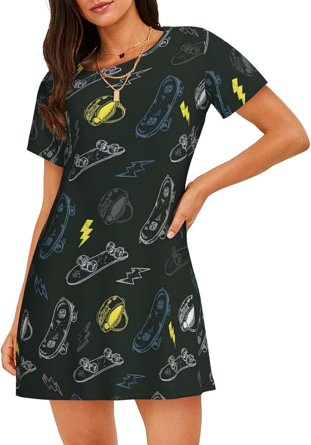 Graffiti Skateboard Print Sleep Shirts for Women Short Sleeve Night Shirts for Sleeping Pullover Nightgown