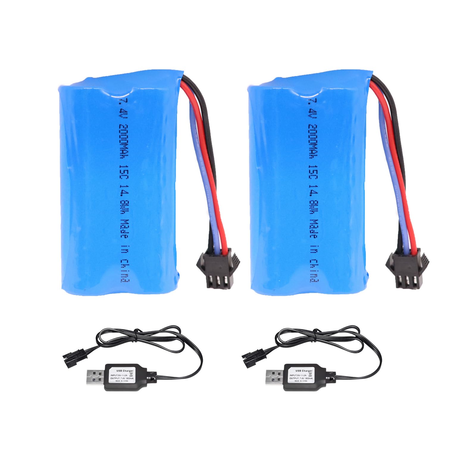 AMZZN Lot de 2 batteries Li-ion 7,4 V 5000 mAh 2S avec prise JST et prise XT30 avec chargeur 2 en 1 pour télécommande TX16S, TX18S, RC4GS, RC6GS, TX12