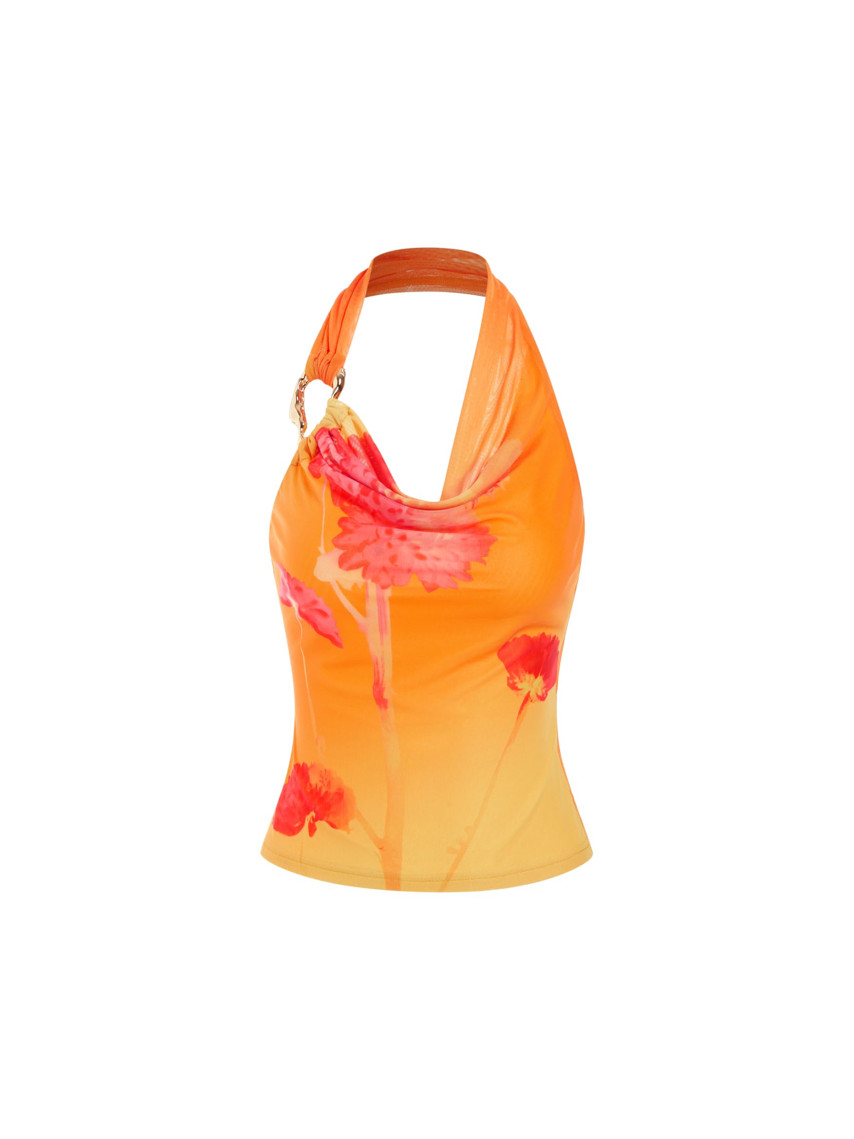 Womens Halter Tops Backless Metal Ring Sleeveless Floral Ruched Going Out Tops 2026 Summer Shirts