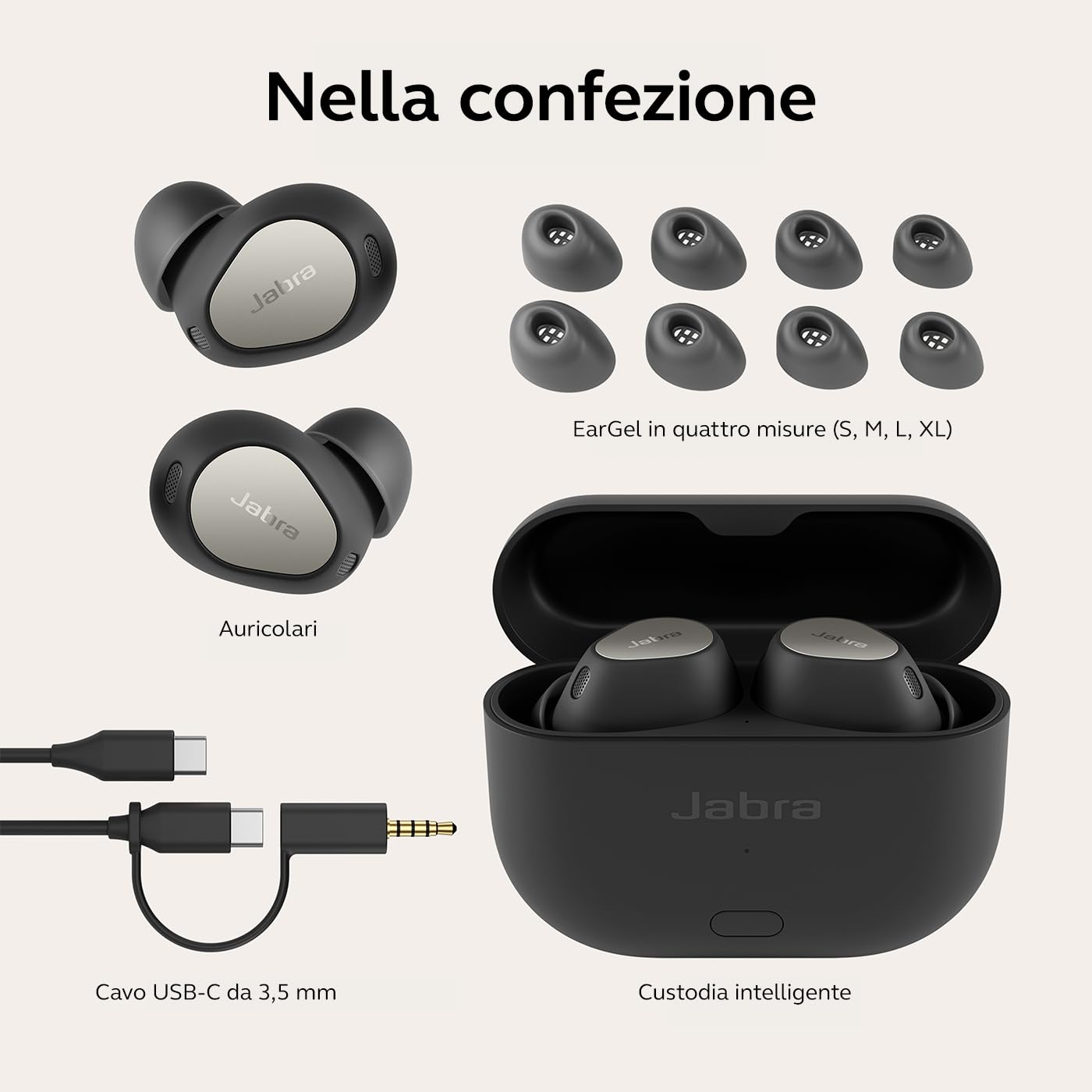 Jabra Elite 10 Gen 2 Auricolari Bluetooth Wireless, Audio Spaziale Ottimizzato, Custodia Intelligente con Tecnologia LE Audio, Design Semi-aperto, Advanced ANC e 6 Microfoni Integrati – Nero titanio