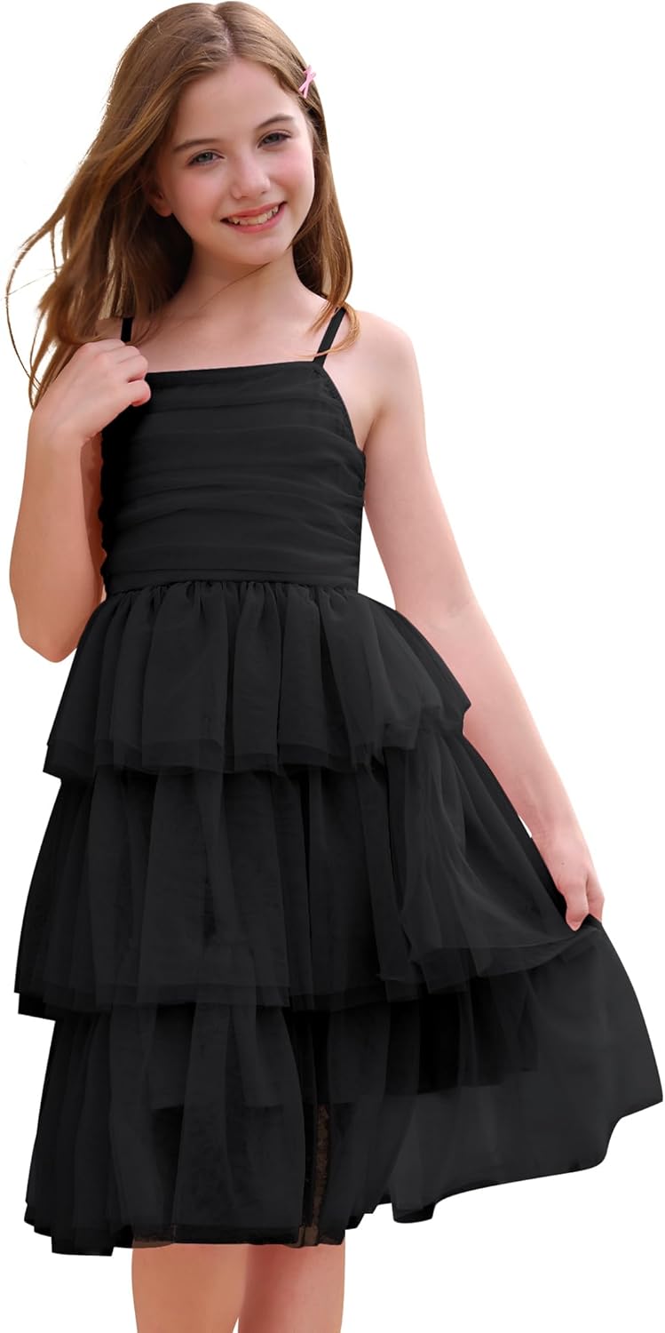 Girls Sleeveless Square Neck Fluffy Tiered Dress Cute Tulle Tutu Birthday Party Dress Tween Girls Trendy Dresses