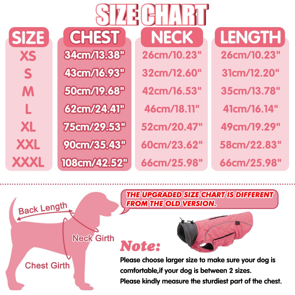 EMUST Gilet per cani per l'inverno, foderato in pile, per il freddo, caldo, per cani di taglia piccola, media e grande, abbigliamento per cani per il freddo, rosa, XXXL