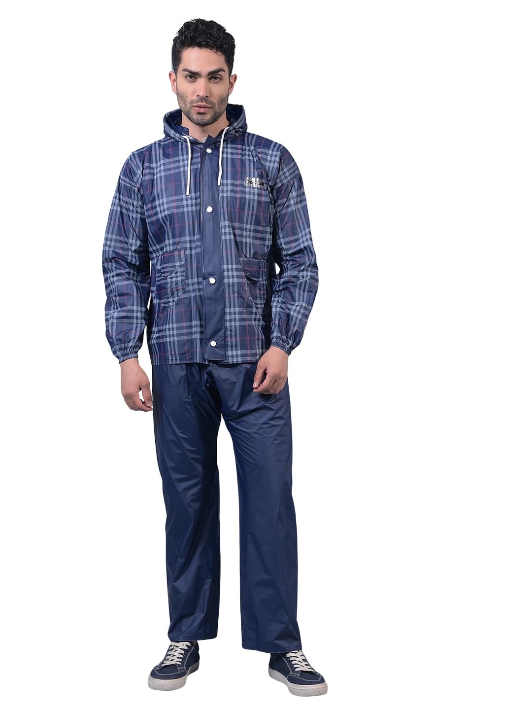 dollar Men's Checkered Waterproof PVC Raincoat Set | Zipper & Button Jacket with Pant | Adjustable Hood & Pocket | Full Sleeve Lightweight Rainwear Suit for Outdoor Leakproof Protection-picture-22