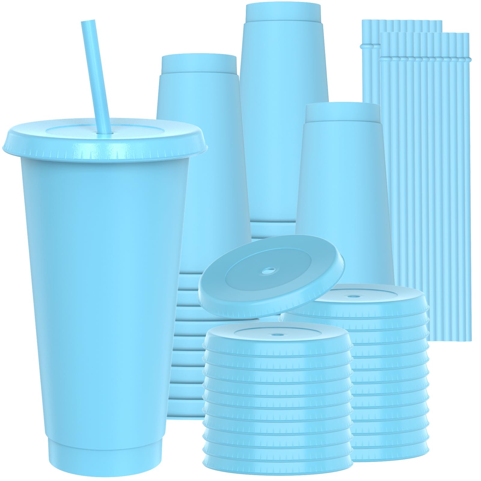 Lot de 24 gobelets en plastique de 700 ml avec couvercles et pailles, robustes et de qualité alimentaire – Gobelets en plastique réutilisables pour boissons froides, milkshakes, smoothies