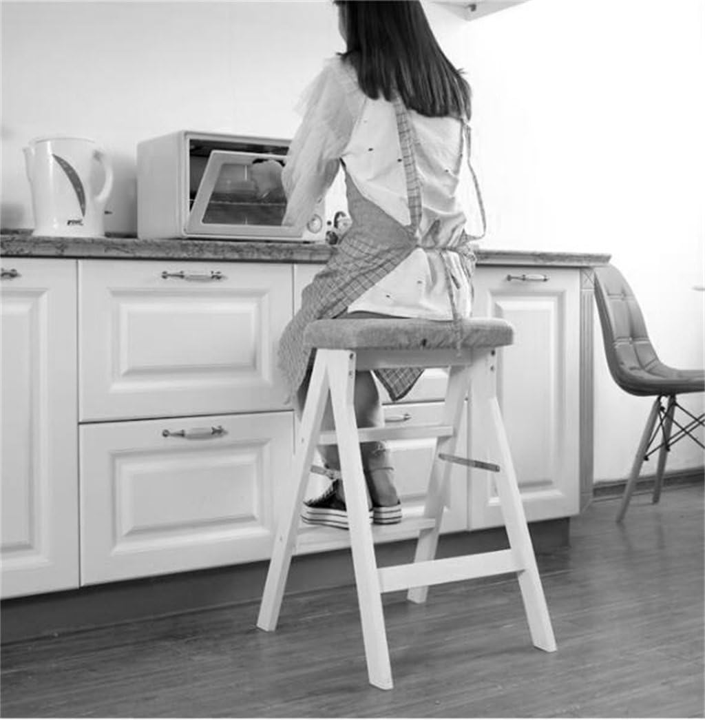 Solid Wood Folding Ladder Stool with 3 Steps Multifunctional Wooden Chair for Kitchen Pub Café Green Color