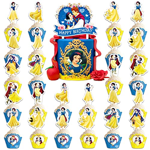 49Pcs Snow White Cake Decorations With 1Pcs Cake Topper, 24Pcs Cupcake Toppers And 24Pcs Wrappers For Snow White Birthday Party Supplies #TOP5