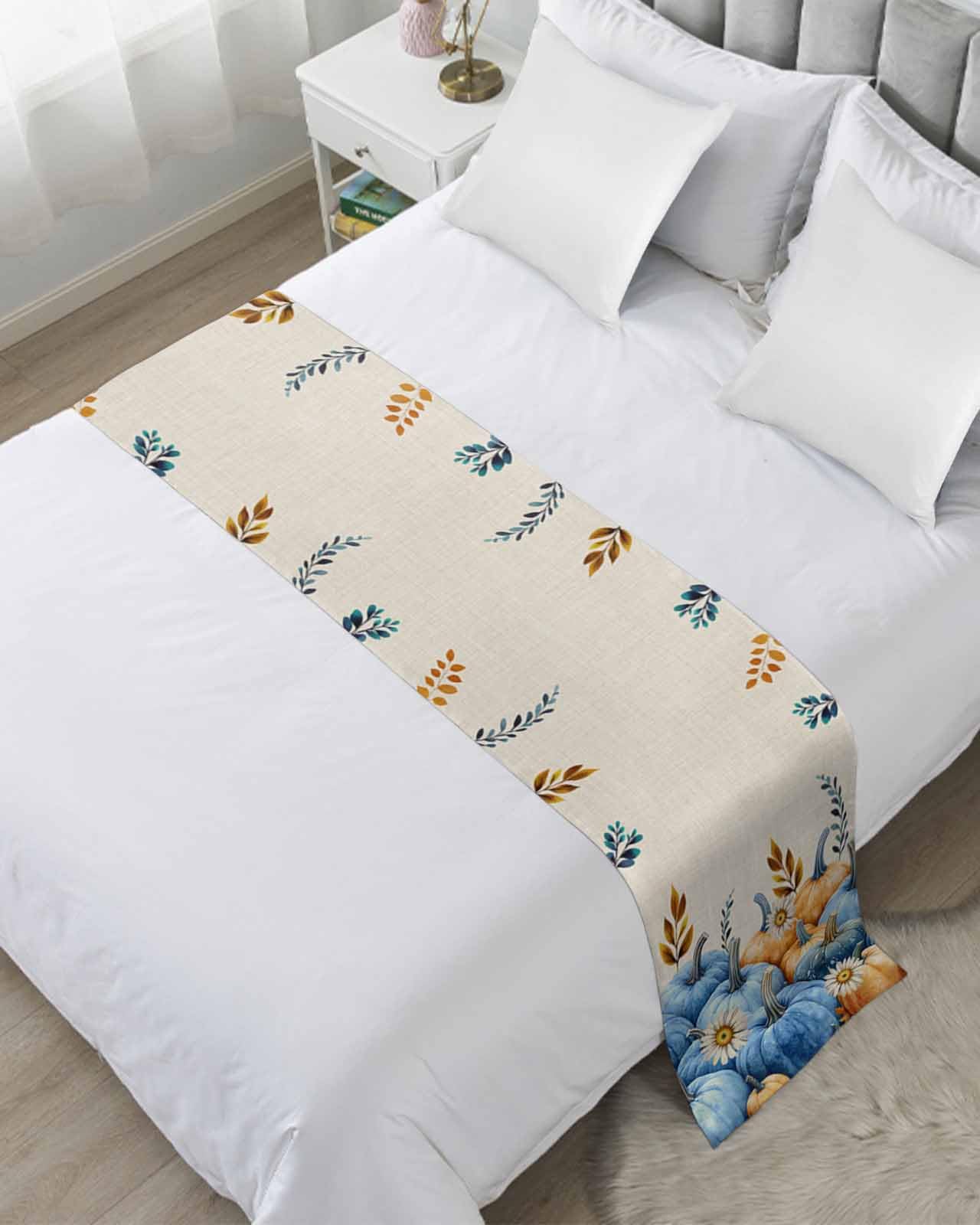 Twin Bed Runner Farm Pumpkin Colorful Leaves Bedding Runner Scarves Decorative Bed Scarf, Fall Ombre Yellow Blue Pumpkins Soft Bedding Scarf for Bedroom Hotel Wedding 71x20in
