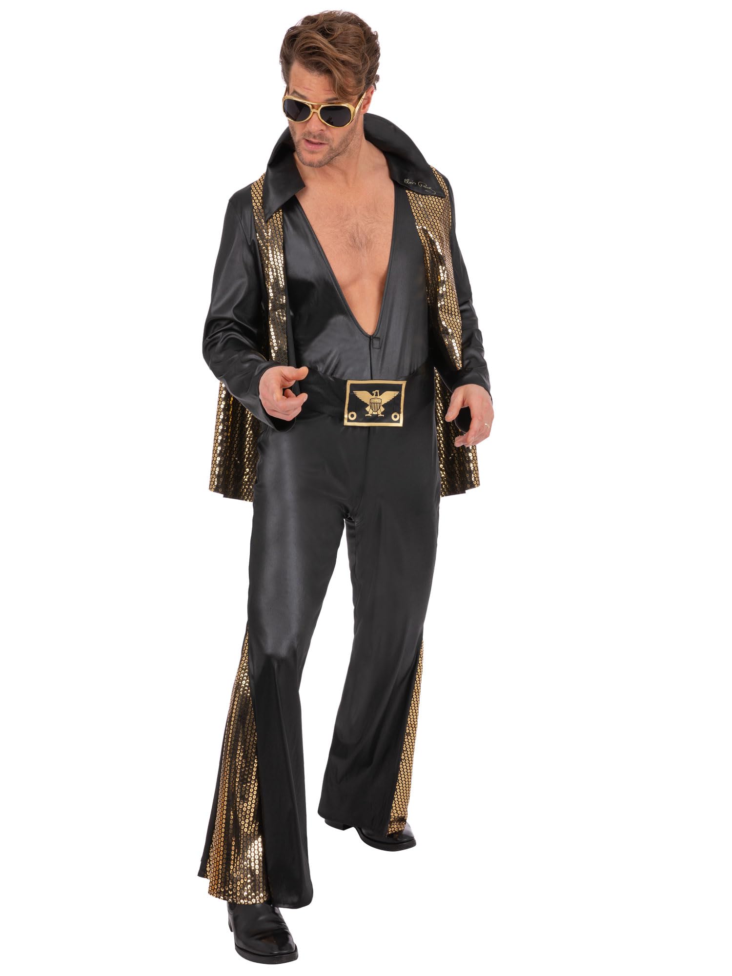 Smiffys Elvis Black Jumpsuit Costume for Adults Officially Licensed All In One Outfit with Cape Gold Detail Fancy Dress for Music Icons 70s Rock and Roll Parties Halloween, Large
