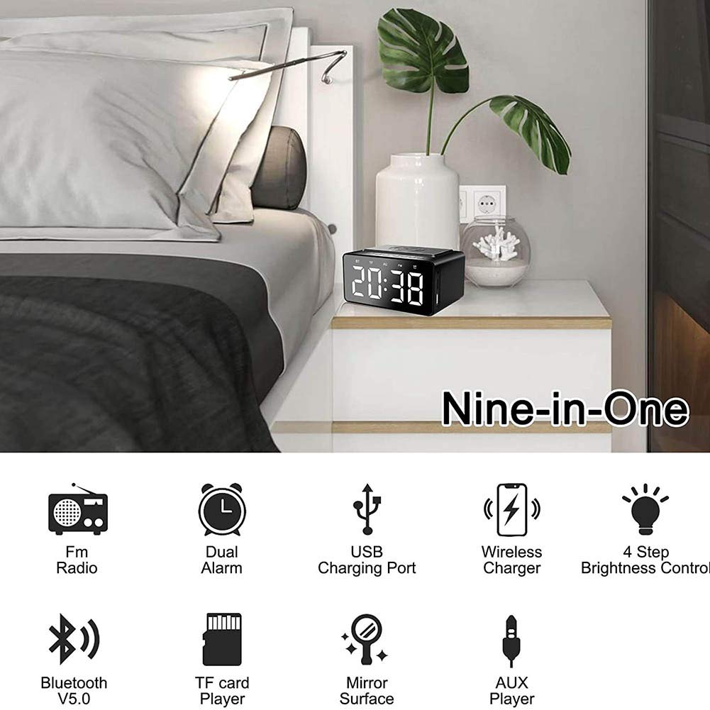 ERNZI Radiosveglia con Altoparlante Bluetooth, Sveglia a Ricarica Wireless da Comodino con Display a LED dimmerabile a 4 Livelli, Batteria di e Porta USB