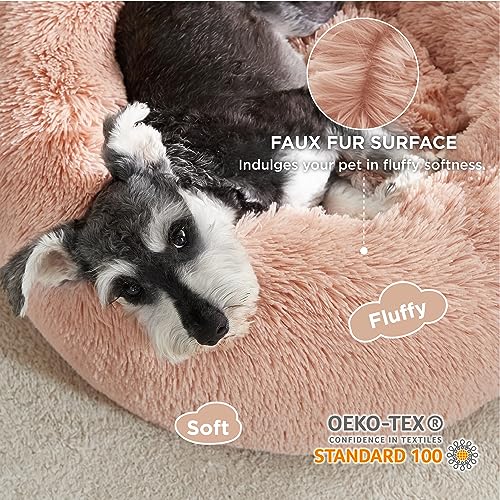 Image of Bedsure Calming Dog Bed for Small Dogs - Donut Washable Small Pet Bed, 23 inches Anti-Slip Round Fluffy Plush Faux Fur Large Cat Bed, Fits up to 25 lbs Pets, Pink
