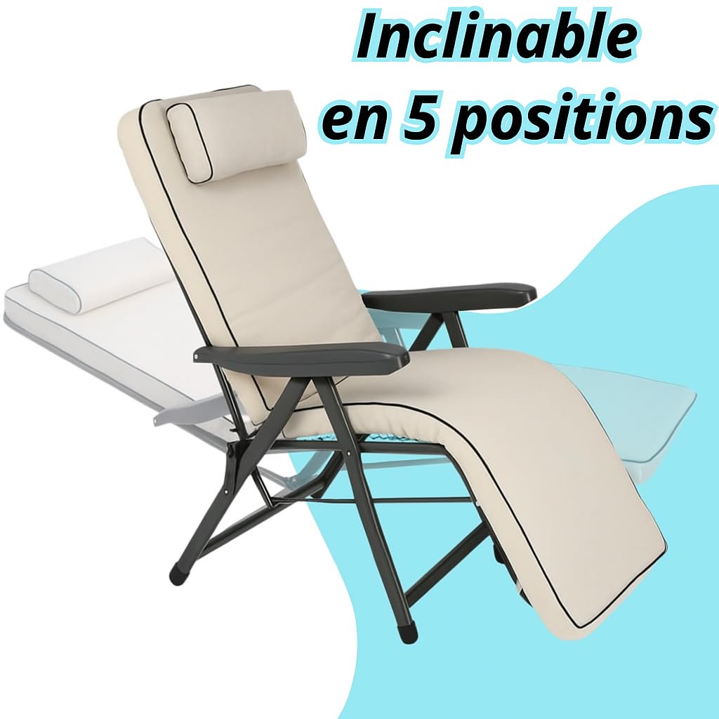 Tomaino - Chaise longue rembourrée intérieur/extérieur - Fauteuil inclinable détente parfaite - Confortable pliable, idéal maison/jardin/terrasse (automatique)