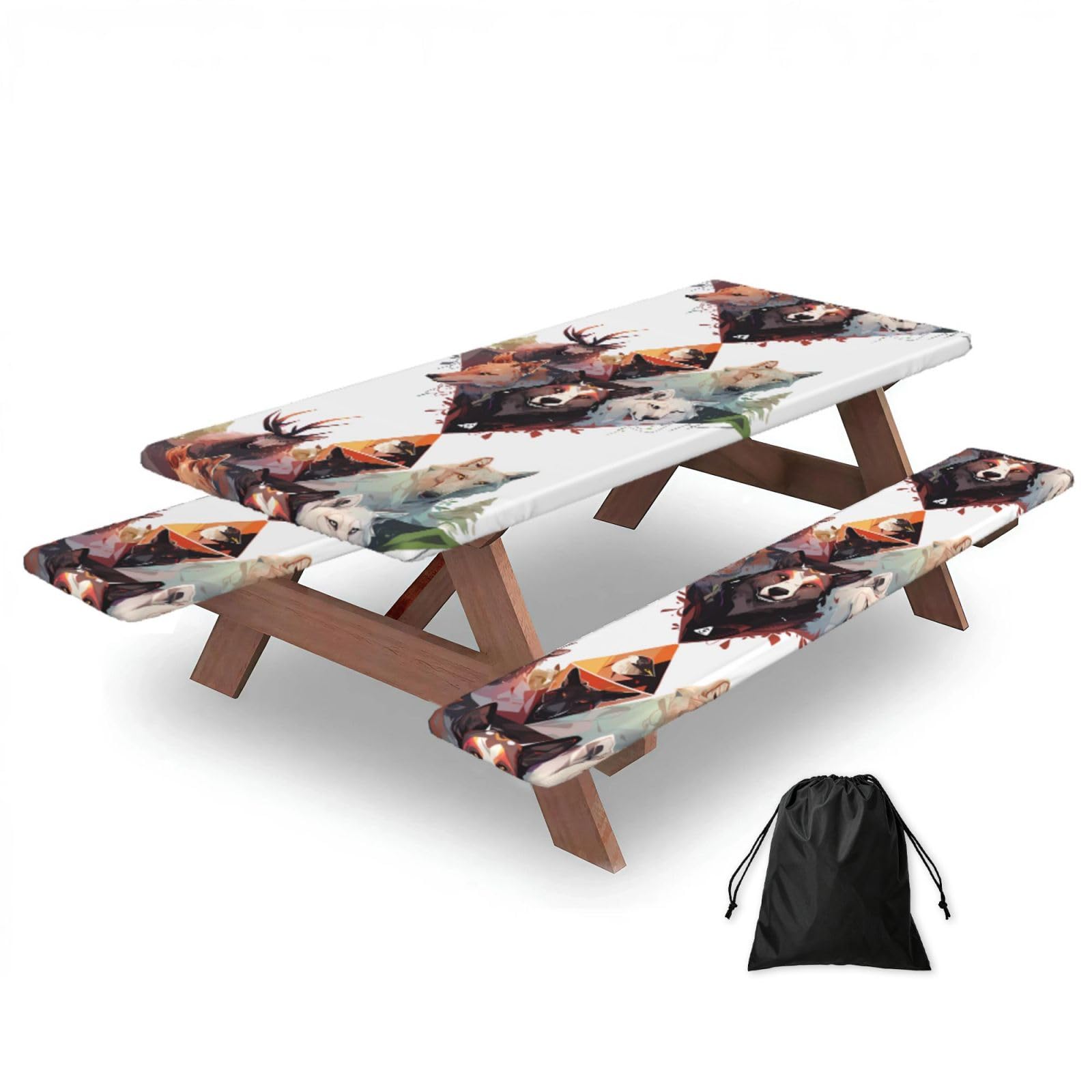Hhbiuuo Black 72In Camping Table Cover & Bench Covers 3-Pack Set, Wolves And Reindeer Print Tablecloths, For Rectangle Tables Picnic