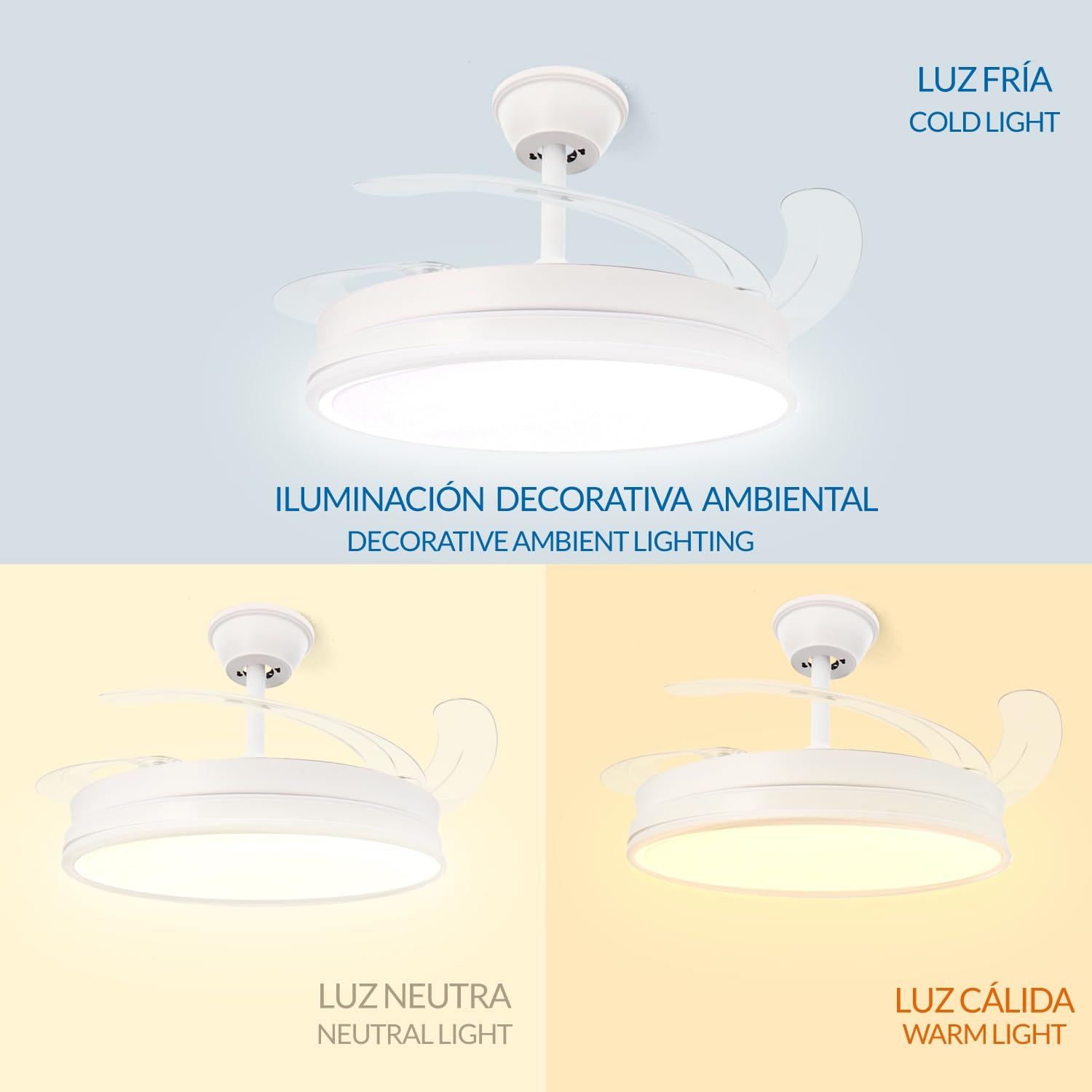 LEDUNI Ventilador de Techo LED con Aspas Retráctiles - 66W, 30W Motor DC+36W Luz 2880LM, Blanco, CCT 3000-6000K, con Control Remoto Funcion verano e invierno (Blanco nieve)