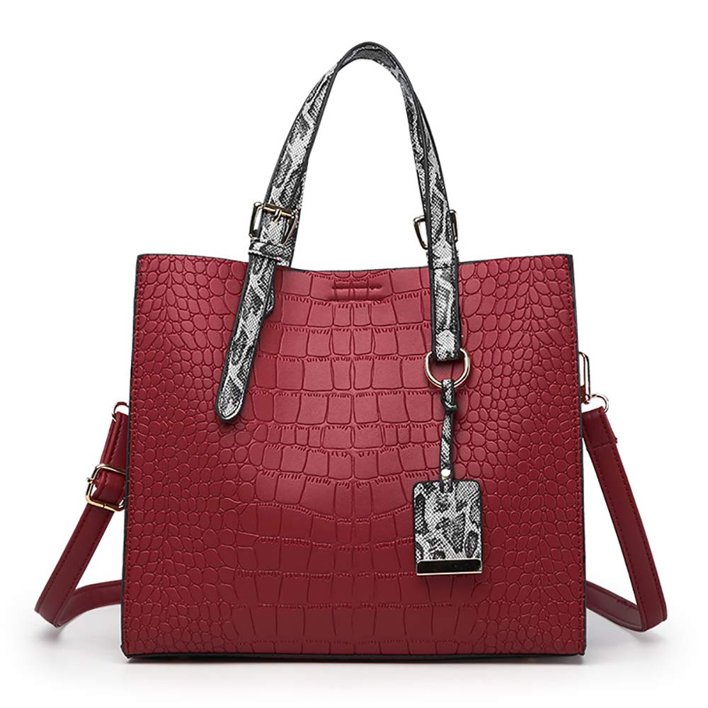 Bolso de mano de piel de serpiente con asa superior para mujer, diseño de cocodrilo, color vino