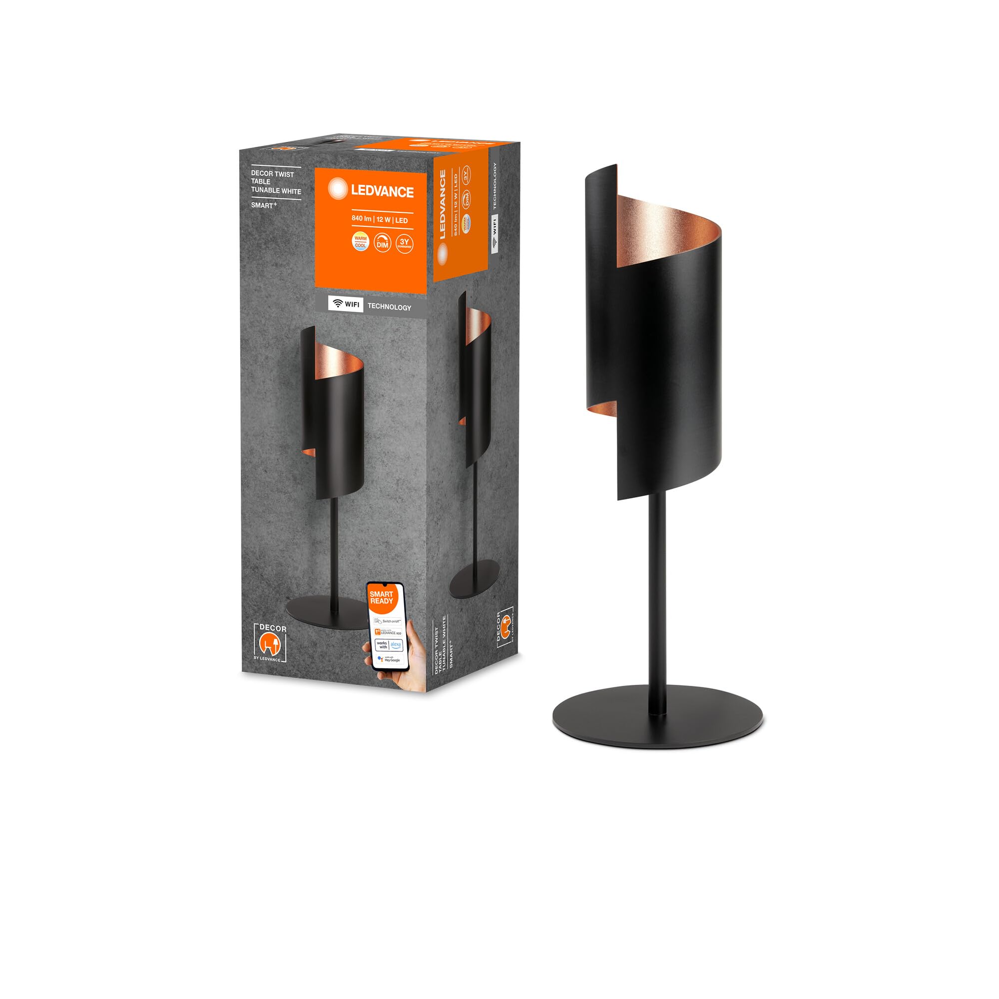 LEDVANCE SMART+ DECOR Twist lampada da tavolo WiFi, nera, 12W, 840lm, luce bianca regolabile 3000-6500K, DIM, luce verso l'alto e il basso, controllabile tramite app, compatibile con Amazon, Google