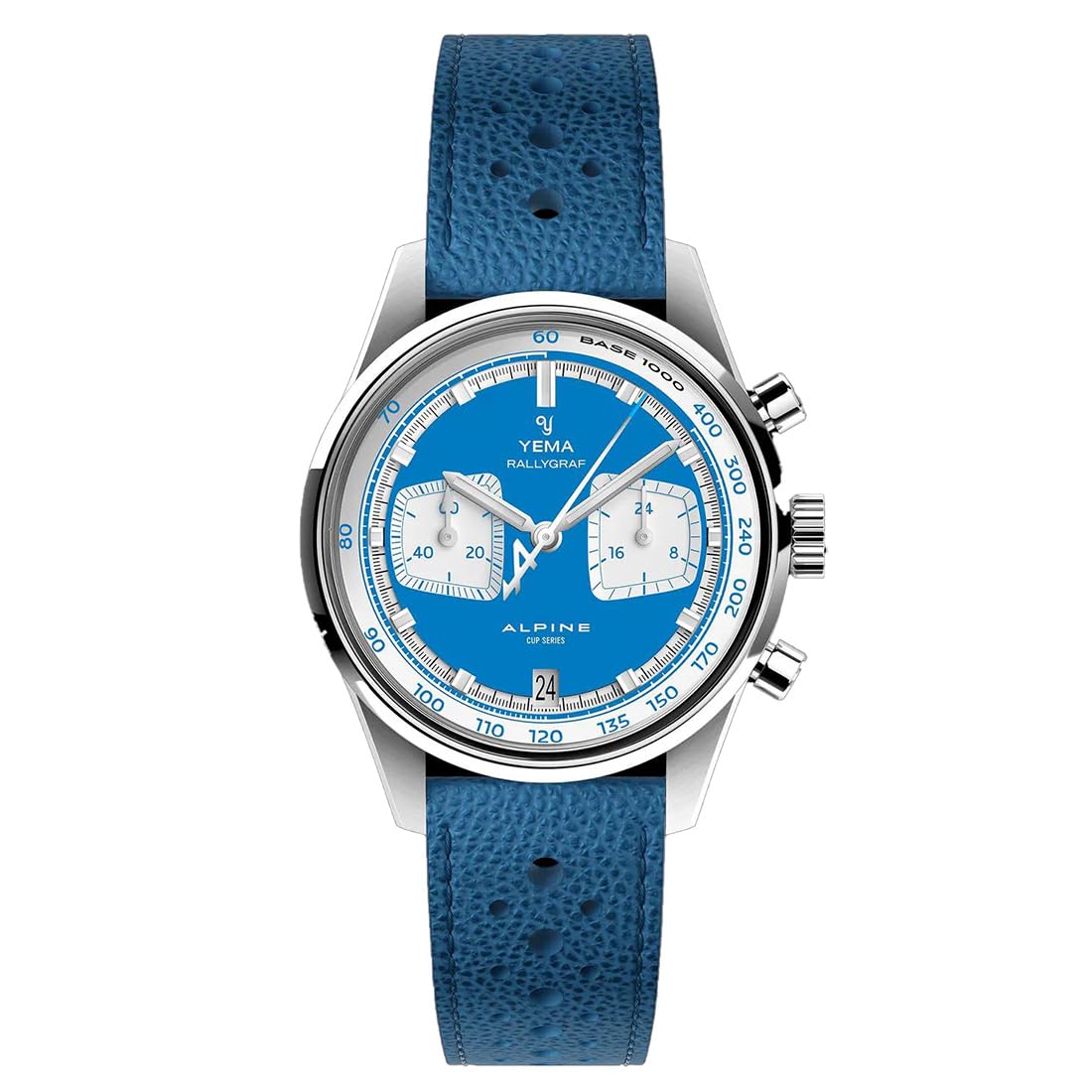YEMA Rallygraf Alpine Cronógrafo Híbrido Mecánico Cuarzo Acero Azul Cuero Blanco Fecha Reloj Hombre