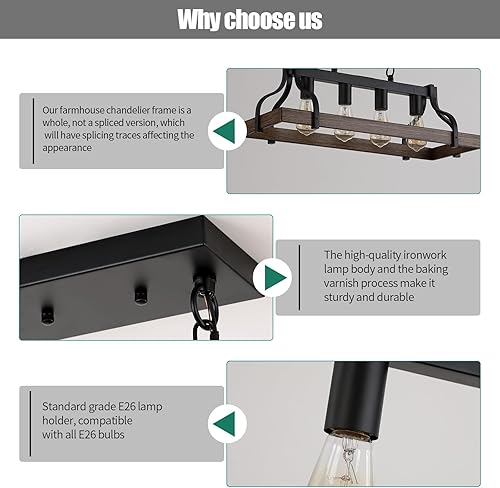 Miniatura 3 de Lámpara rústica para isla de cocina, comedor, lámpara lineal de granja, acabado de madera retro y 4 luces, colgante de metal industrial con