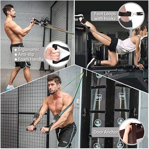 Image of Resistance Bands Set with Handles, Door Anchor & Ankle Straps - Exercise Bands Workout Tonning Tube Kit for Home Gym Workout, Strength Training & Fitness for Men, Women (100LB)