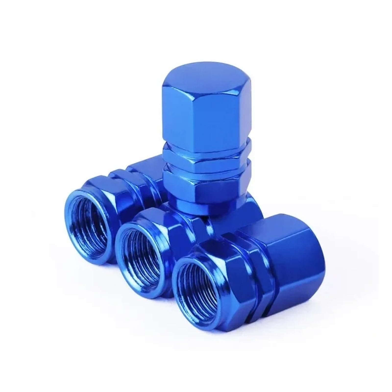 Lot de 4 bouchons de valve de pneu hexagonaux en alliage d'aluminium hermétiques et anti-poussière pour voiture (bleu)