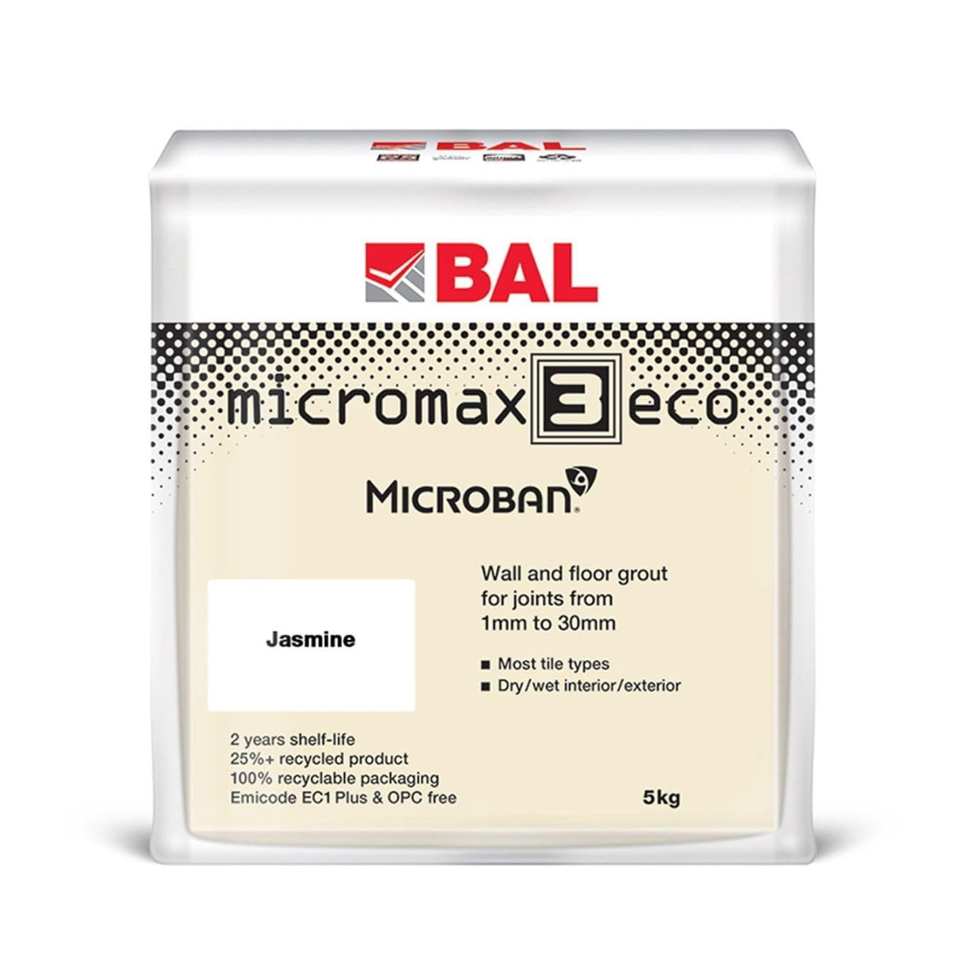Bal Micromax3 Eco Grout Wall & Floor Grout, Rapid Set, Antimicrobial, Suitable For Interior & Exterior 5KG Bag - Jasmine