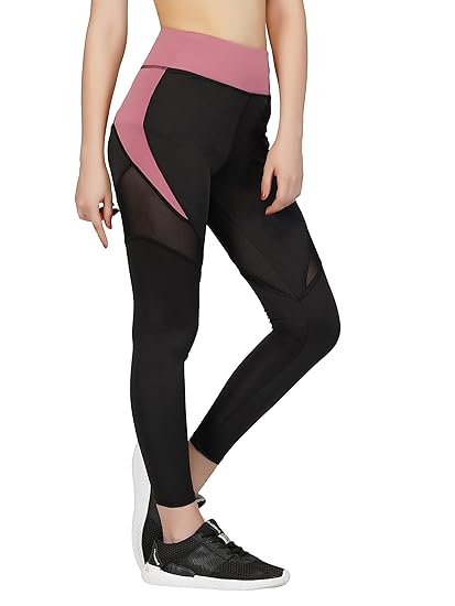 Women Color Block Strechable Yoga Pants with Mesh Inserts