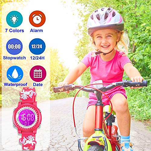 Venhoo Kids Watches For Girls 3D Cartoon Waterproof 7 Color Led Digital Child Wrist Watch Unicorn Gifts For Kid Toddler-Rose Red #TOP1