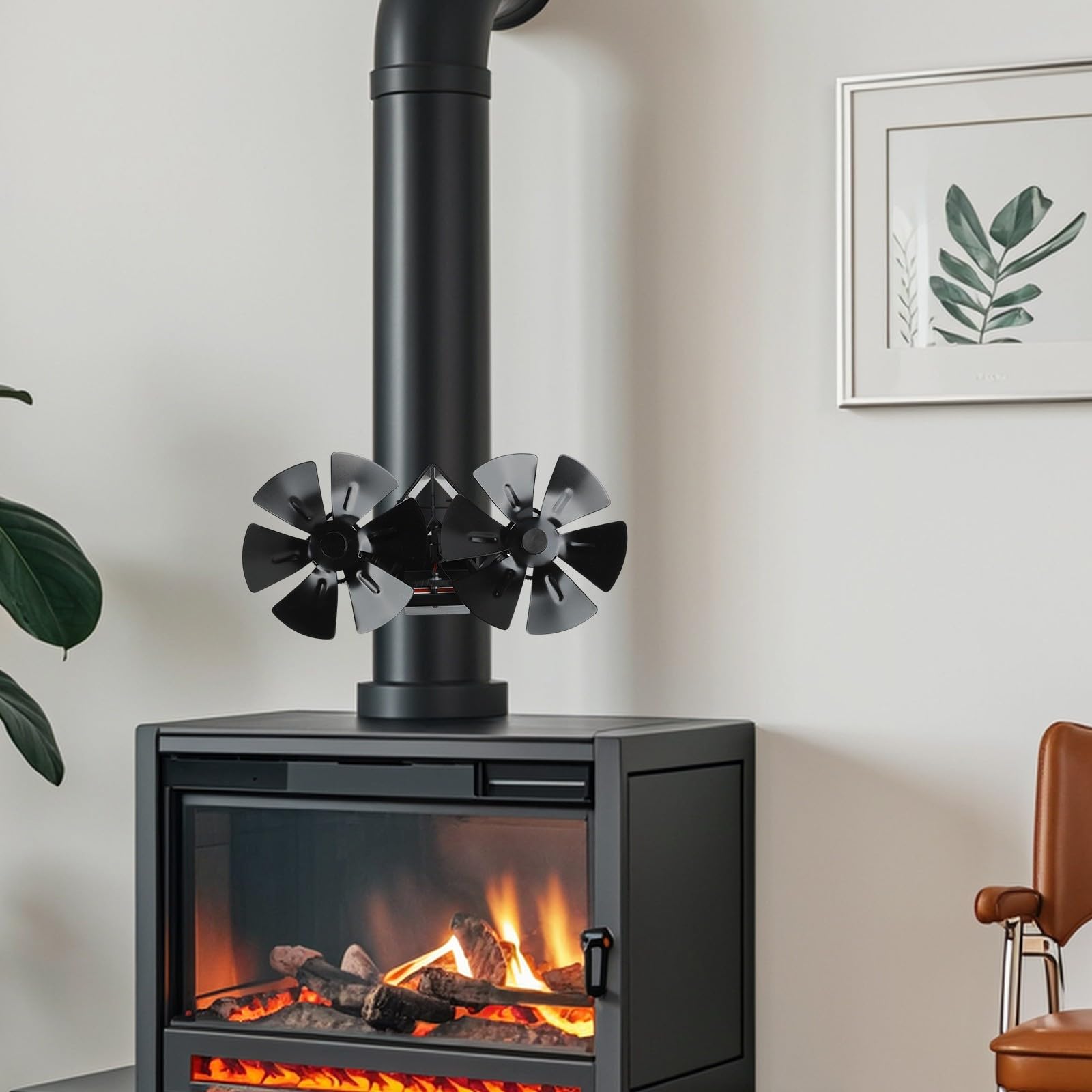 Wandmontierter Doppelkopf-Ofenventilator für Kamine, 12 Flügel, stromloser Wärmeverteiler, leiser Aluminium-Ofenventilator mit verstellbarer Klemme, schwarz