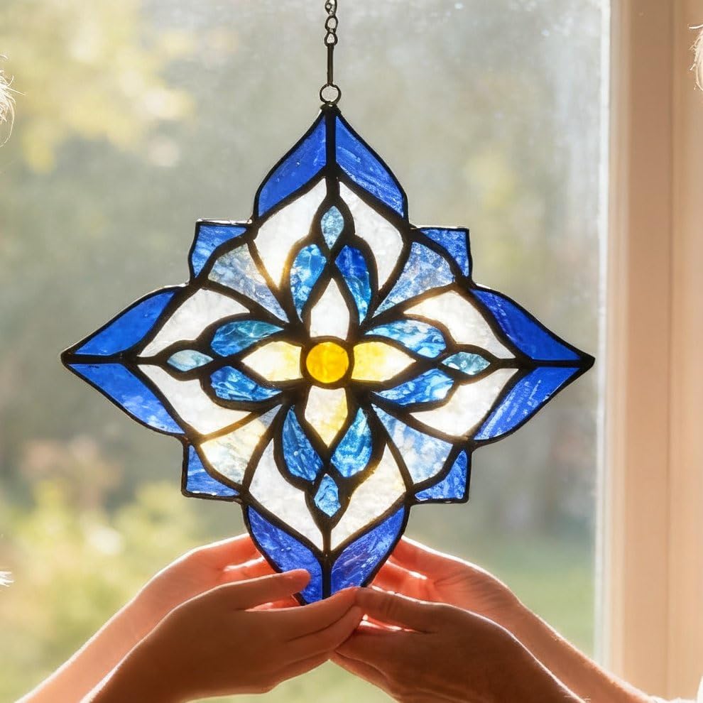 Stained Glass Window Hangings, Tiffany Style Window Panel Suncatchers Blue Art Flower - Image 2