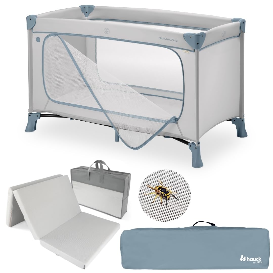 Hauck Baby Reisebett Set Dream n Play Plus inkl. Matratze & Insektenschutz – faltbares Kinder Reisebett mit großem Seiteneingang, Dusty Blue