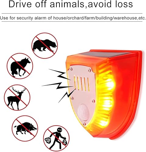 Miniatura 4 de Luz solar de alarma con sensor de movimiento para exteriores, ladridos de perro y disparo, 129 db, luz estroboscópica, luz estroboscópica, lámpara