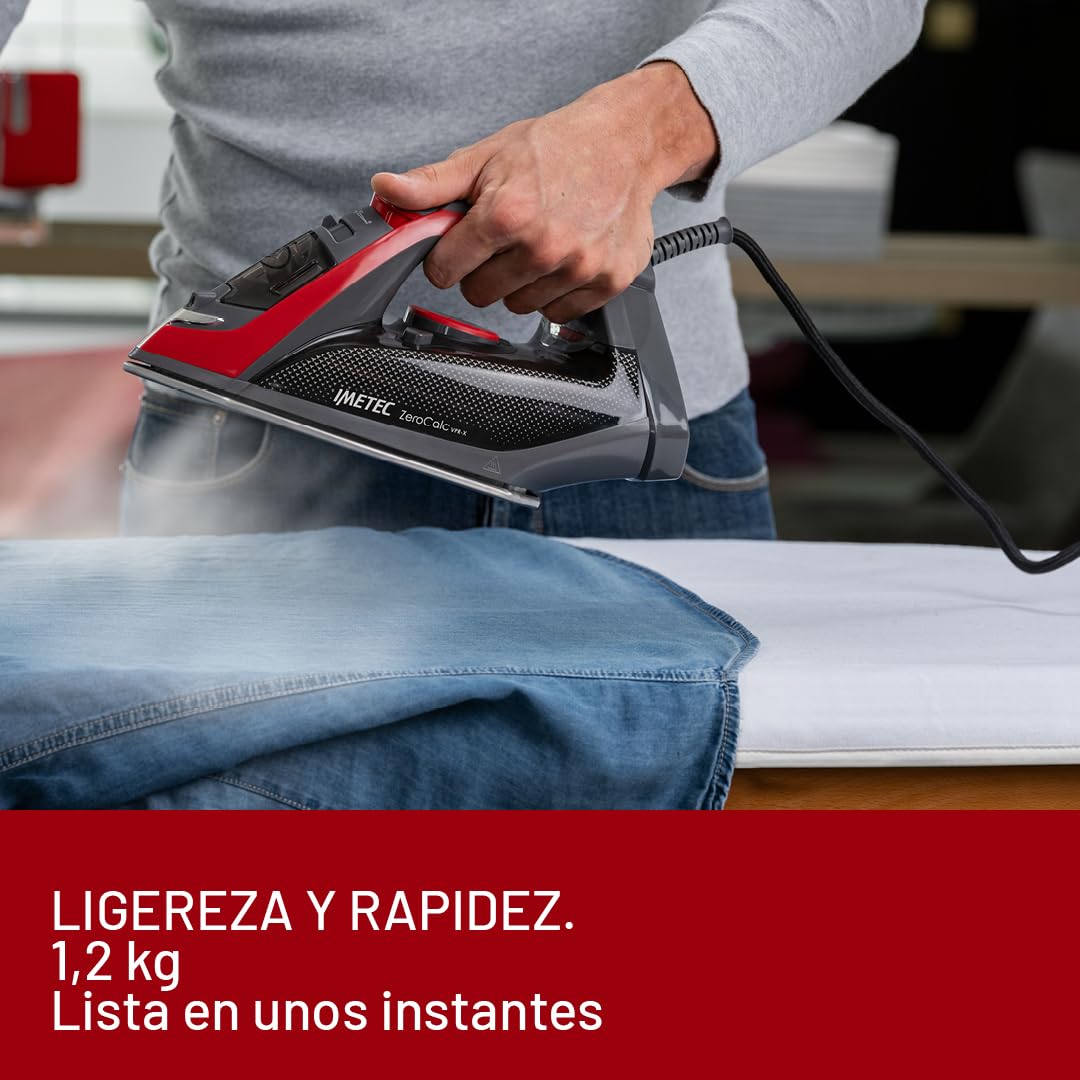 Imetec Zerocalc VPR-X – Plancha de vapor de 2600 W con golpe de vapor de 220 g, sistema antical 2X Zerocalc, suela de acero satinado con acabado láser y punta de precisión, ligera