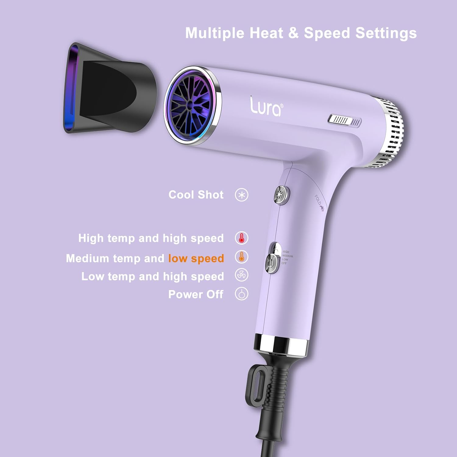 LURA Auto Dual Voltage Hair Dryer for International Travel,Travel HairDryers with Difffuser,Small Portable Blow Dryer for Women(Purple) Lightweight,Compact Mini Blowdryers with Folding Hand for Kids