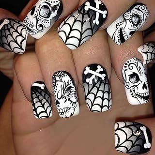 Halloween Press on Nails Medium Square Fake Nails Black and White Acrylic Nails with Glue Spider Web False Nails with Monster Bone Designs Artificial Nails Terror Stick on Nails for Women 24PCS
